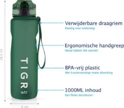 TIGR The Athlete - Drinkfles - Waterfles Met Fruit Filter - 1000ml - Groen - Met Mengbal Voor Shakes -Outdoor Camping Winkel 1200x1049