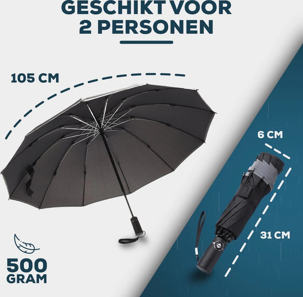 Stormparaplu - Opvouwbaar - 105 CM - Paraplu - Automatisch In En Uit Klapbaar - Stormbestendig Tot 140 Km/h - Luxe Beschermhoes 6 Stormparaplu - Opvouwbaar - 105 CM - Paraplu - Automatisch In En Uit Klapbaar - Stormbestendig Tot 140 Km/h - Luxe Beschermhoes - Afbeelding 6