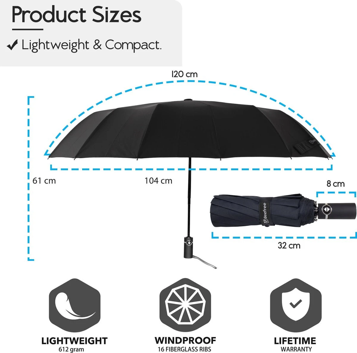 Beefree Automatische MONSTER Stormparaplu Met 16 Panelen Ø 104 Cm - Zwart 4 Beefree Automatische MONSTER Stormparaplu Met 16 Panelen Ø 104 Cm - Zwart - Afbeelding 4