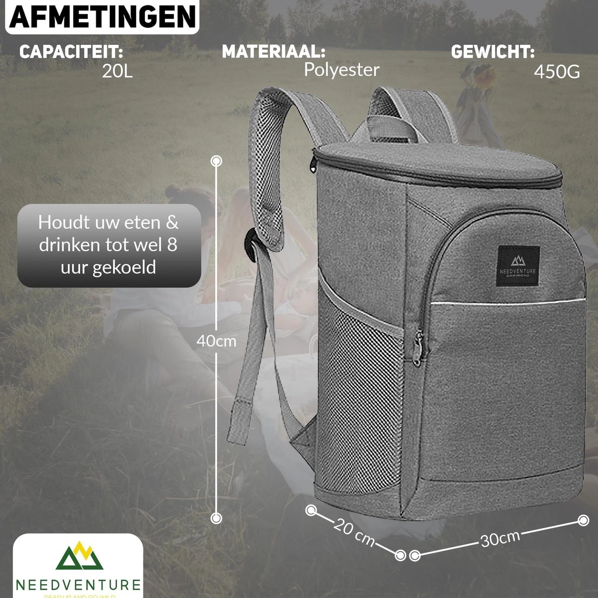 Needventure Koeltas - Lunchtas - Koelrugtas - Picknicktas - 20 Liter - Flessenhouder - Bieropener - Grijs 5 Needventure Koeltas - Lunchtas - Koelrugtas - Picknicktas - 20 Liter - Flessenhouder - Bieropener - Grijs - Afbeelding 5