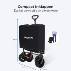 LifeGoods Bolderkar - Opvouwbaar - Tot 120KG - 103L - Extra Draagtas En Duwstang - Wasbaar Polyester - 98x45cm - Zwart/Grijs -Outdoor Camping Winkel 1200x1200 301