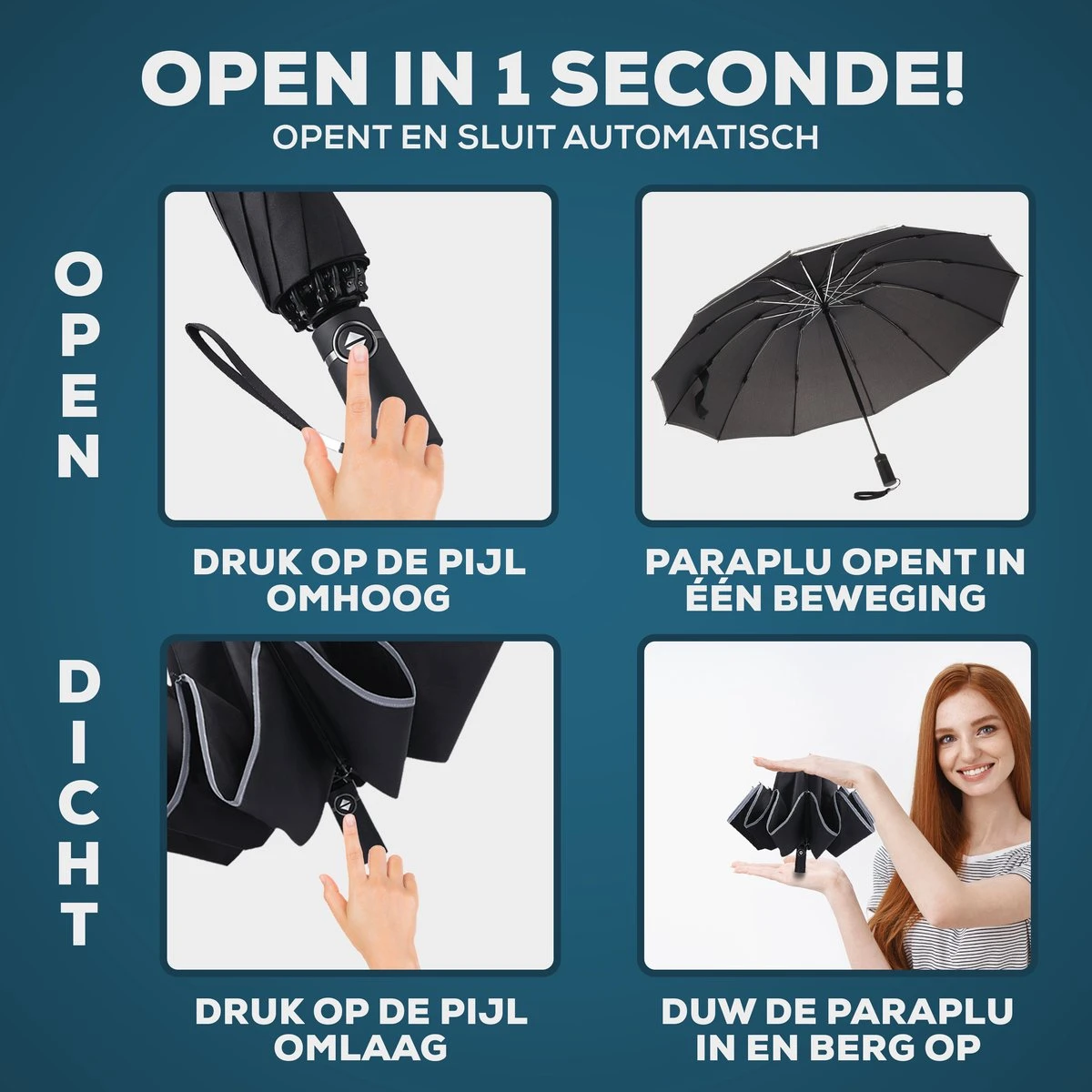 Stormparaplu - Opvouwbaar - 105 CM - Paraplu - Automatisch In En Uit Klapbaar - Stormbestendig Tot 140 Km/h - Luxe Beschermhoes 7 Stormparaplu - Opvouwbaar - 105 CM - Paraplu - Automatisch In En Uit Klapbaar - Stormbestendig Tot 140 Km/h - Luxe Beschermhoes - Afbeelding 7